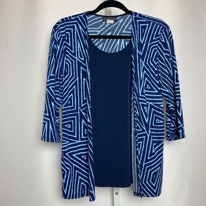 Lauren M. Petites Womenʻs 2 Tone Blue Geometric Cardigan / Blouse PL